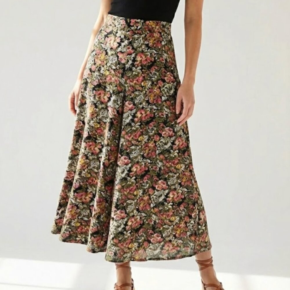 VINTAGE Y2K Floral Midi Skirt Rayon Size 12‎ Dark Black Pink A-Line Cottagecore